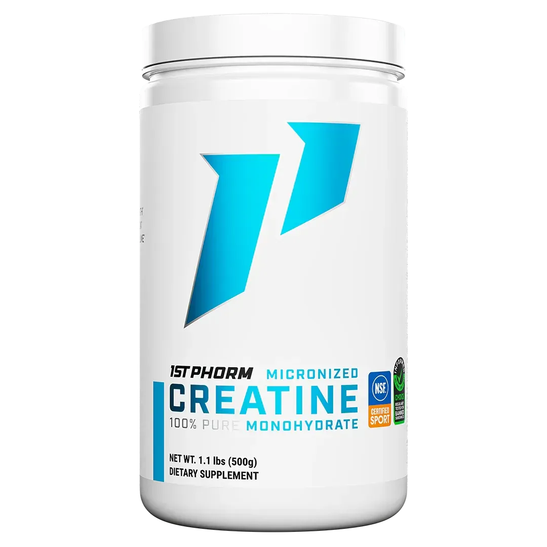 White creatine monohydrate supplement tub with blue logo and label.