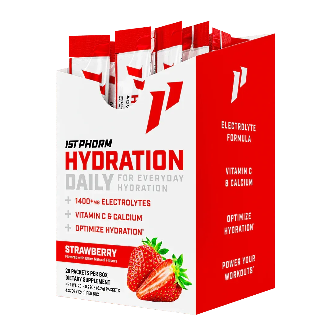 Red Hyration Daily vitamin drink box with strawberry flavor and fruit image