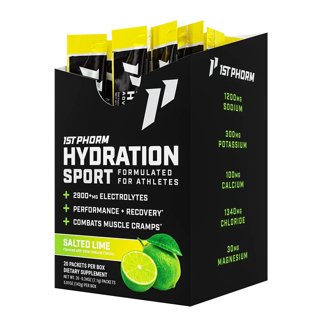 Black and lime 1st Phorm Hydration Sport electrolyte drink mix box with lime flavor packets