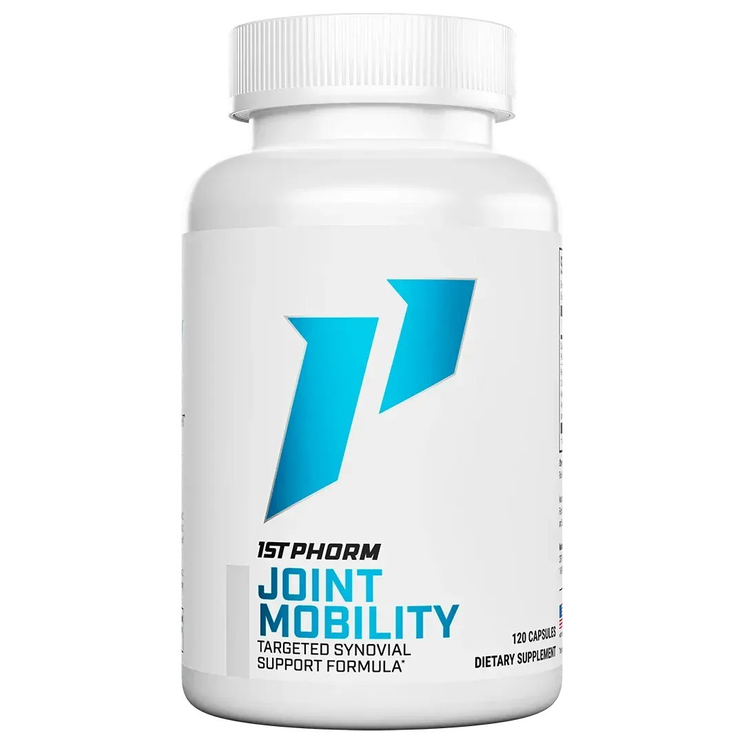 White supplement bottle labeled “Joint Mobility” with blue logo and cap