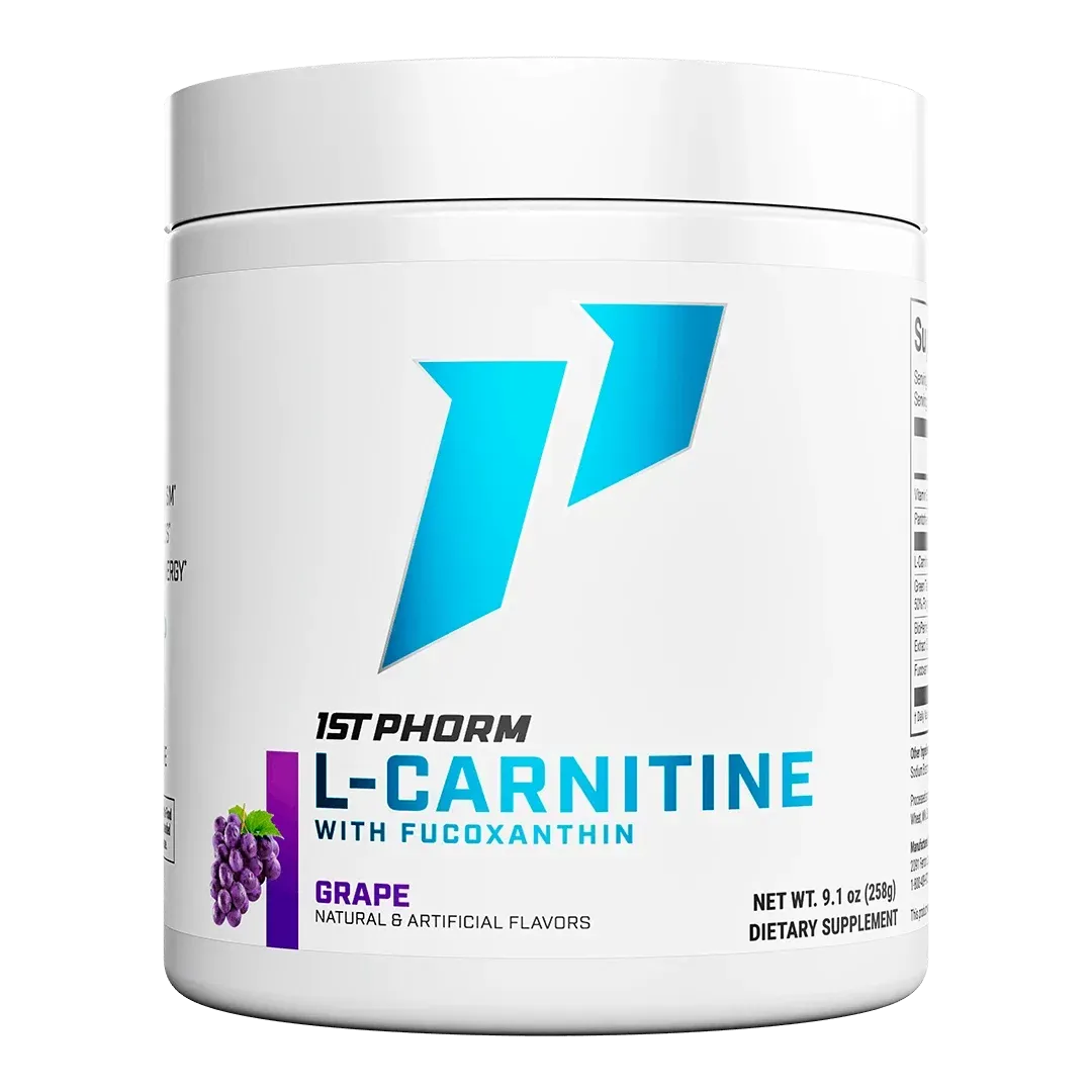 White jar of 1st Phorm L-Carnitine with blue logo and grape-flavored label