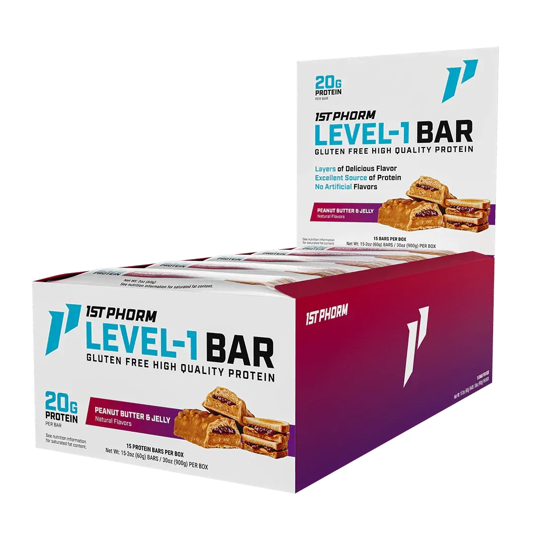 1st Phorm Level-1 Bar protein supplement boxes in white, teal, and maroon packaging