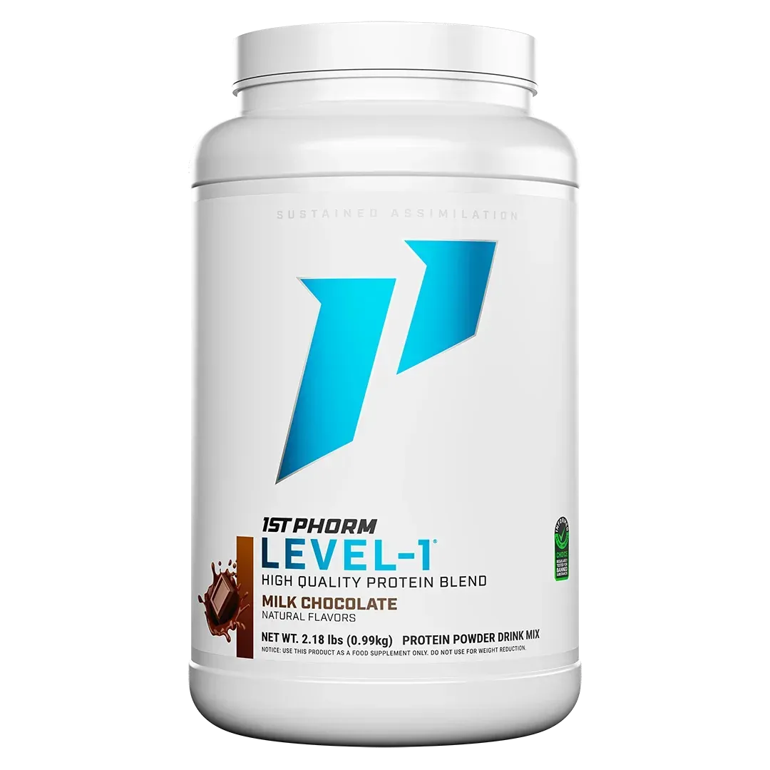 White supplement bottle with blue logo and “LEVEL-1” label, protein blend, chocolate flavor