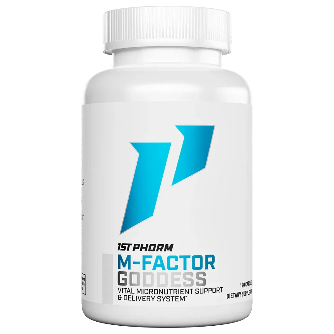 White supplement bottle labeled “M-Factor Godless” with a blue logo on the front
