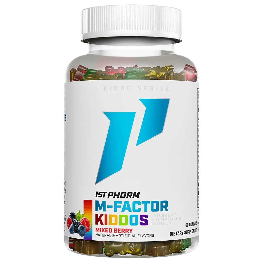 Front of colorful 1ST Phorm M-Factor Kids bottle with white cap and blue logo