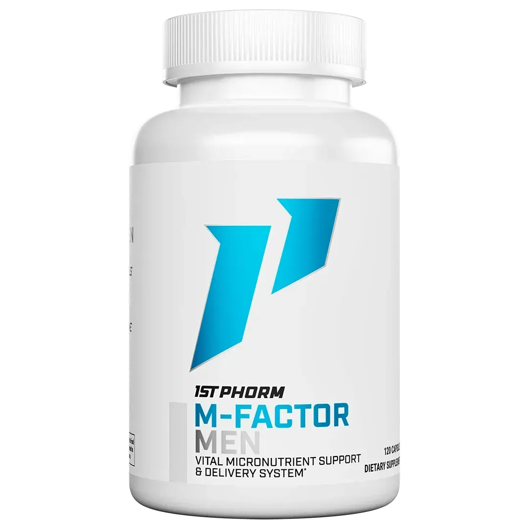 White supplement bottle labeled “M-Factor Men” with a blue logo on the front