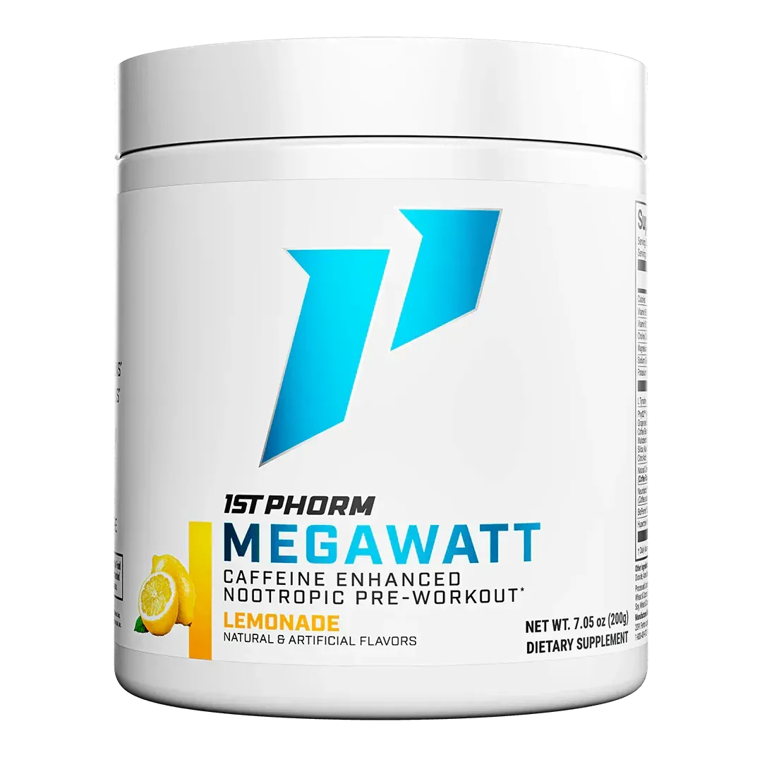White tub of 1st Phorm Megawatt caffeinated pre-workout with blue logo and lemon slice graphic