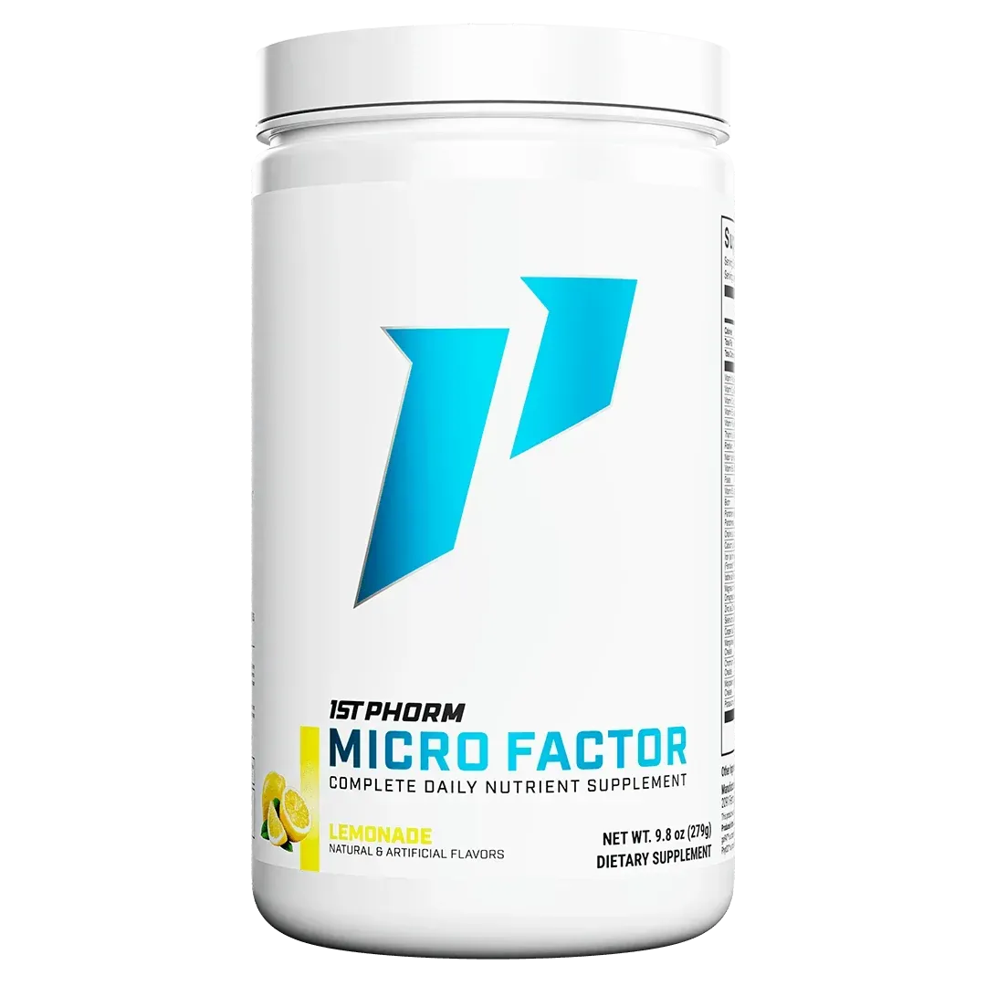 White supplement bottle labeled “Micro Factor” with blue logo and yellow accents