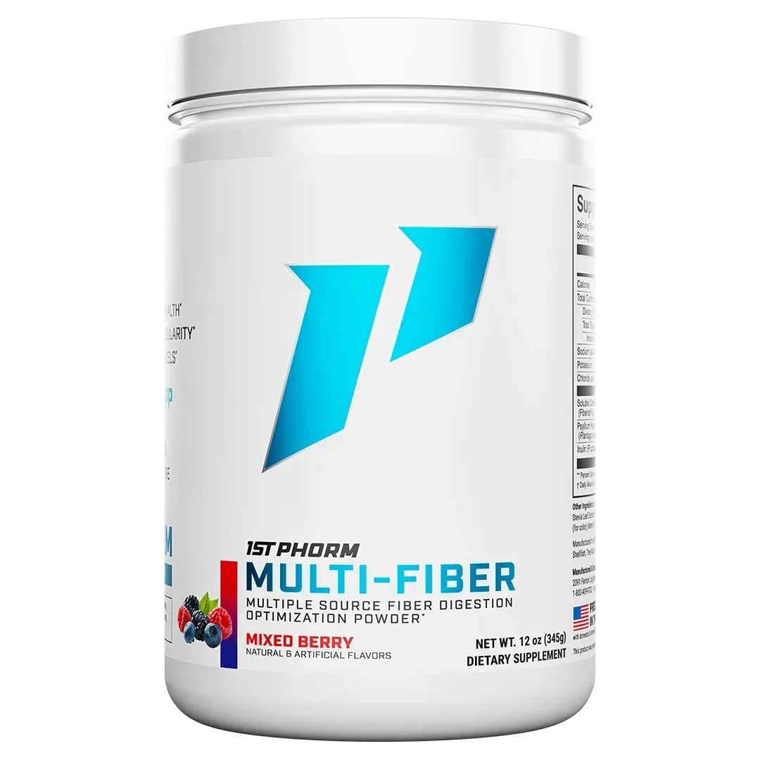 White container of NXT PHORM Multi-Fiber supplement with blue logo and berry flavor label