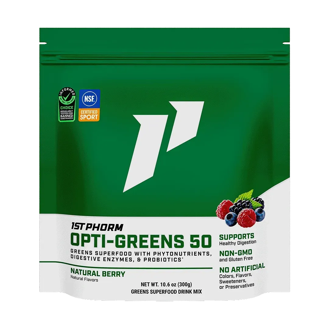 Green Opti-Greens 50 nutritional supplement pouch with white logo and berry graphics on the front