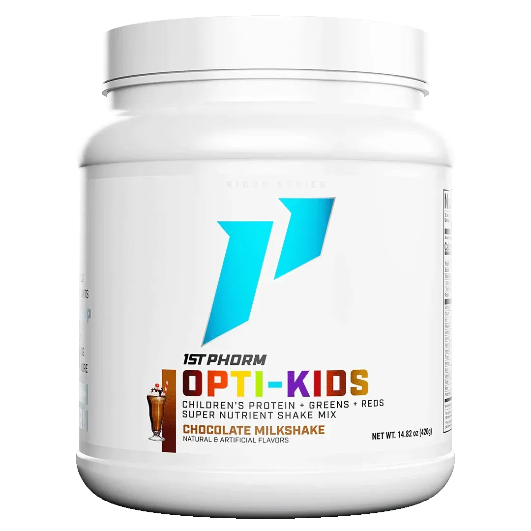 White supplement jar labeled “Opti-Kids” with turquoise logo and multivitamin text