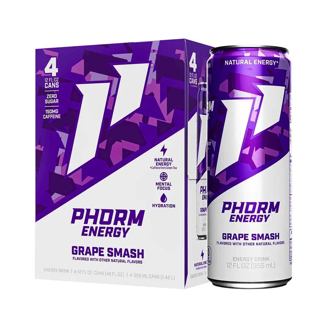 Purple Phorm Energy Grape Smash pack and can, white and purple design