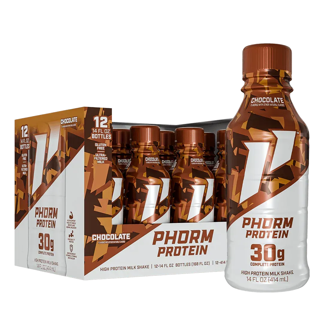 PHORM Protein chocolate shake bottles and box, brown and white packaging, 30g protein claim