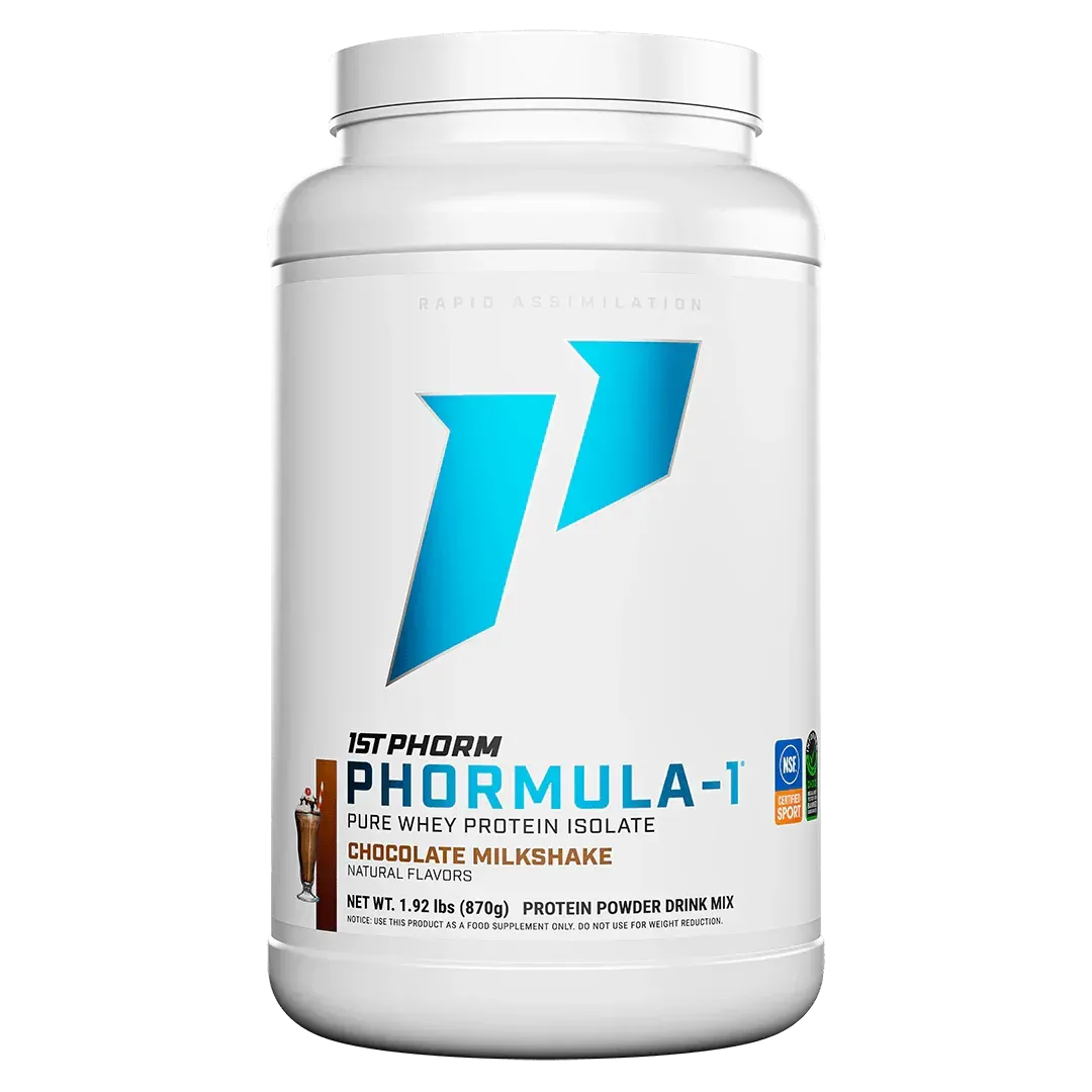 White tub of 1st Phorm Phormula-1 chocolate milkshake protein powder with blue logo