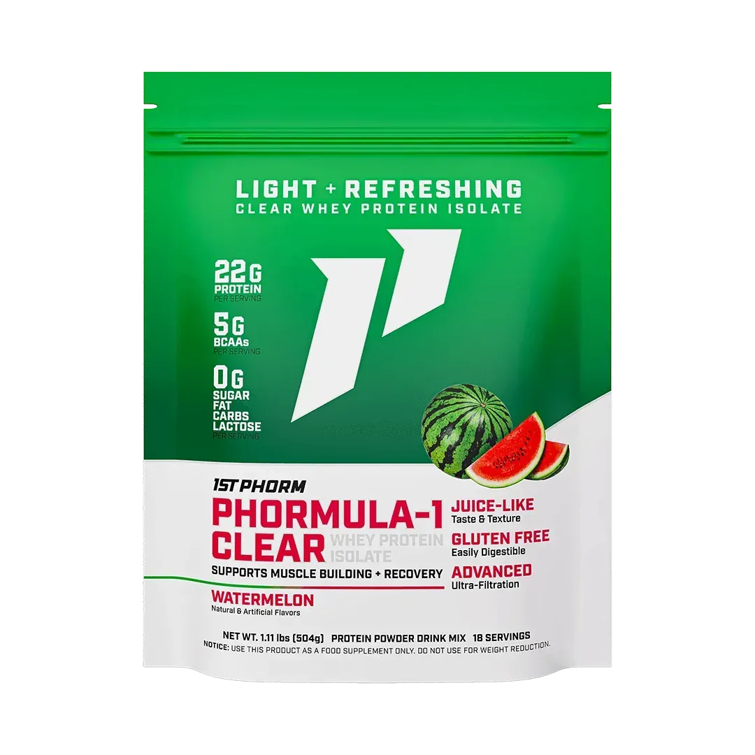 Green-and-white Formula-1 Clear Watermelon pre-workout supplement bag with red watermelon graphic