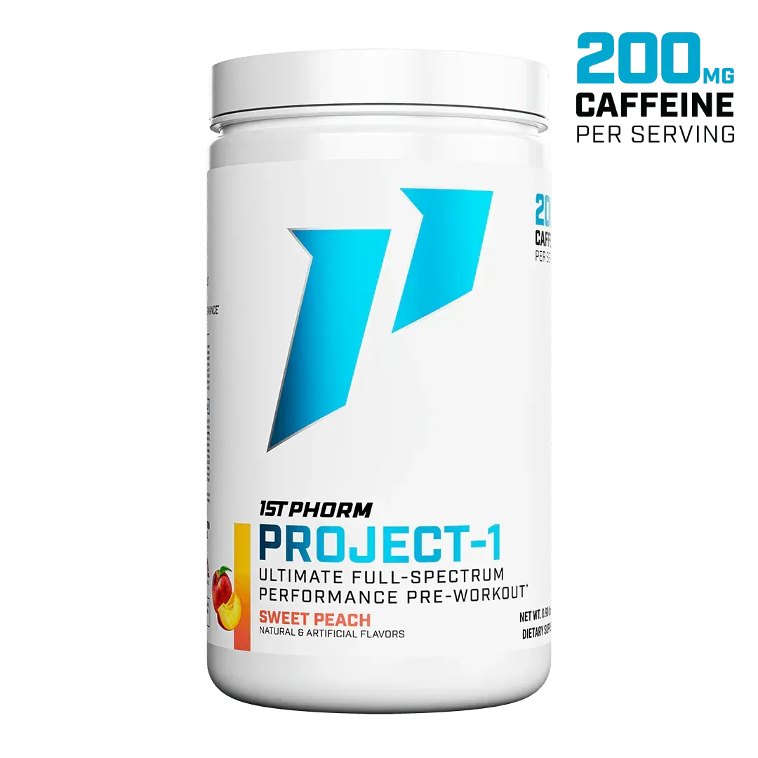 White bottle of Syntha-6 Project-1 pre-workout supplement with blue logo and “200 mg caffeine” label