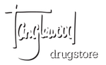 Stylized black-and-white logo reading “drugstore” with a handwritten wordmark inside a bracket-like frame