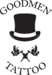 Logo di Goodmen Tattoo con cappello a cilindro nero, macchinette per tatuaggi incrociate e testo arcuato.