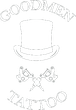 Logo di Goodmen Tattoo con un cappello a cilindro e macchinette per tatuaggi incrociate, in un disegno a linee grigie.