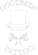 Logo di Goodmen Tattoo con un cappello a cilindro e macchinette per tatuaggi incrociate.