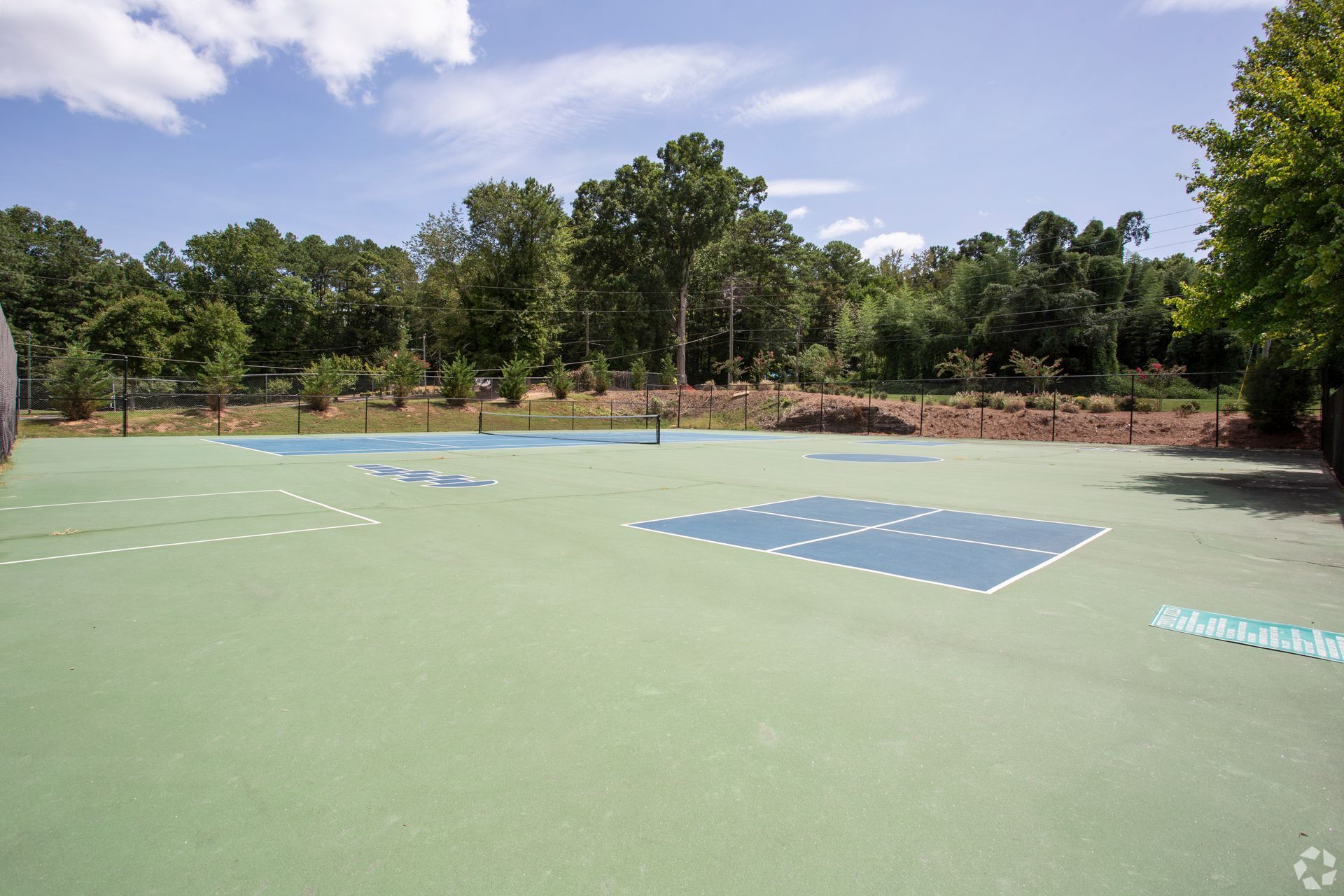 An outdoor green court with blue markings for multiple recreational games against a backdrop of trees under a blue sky.