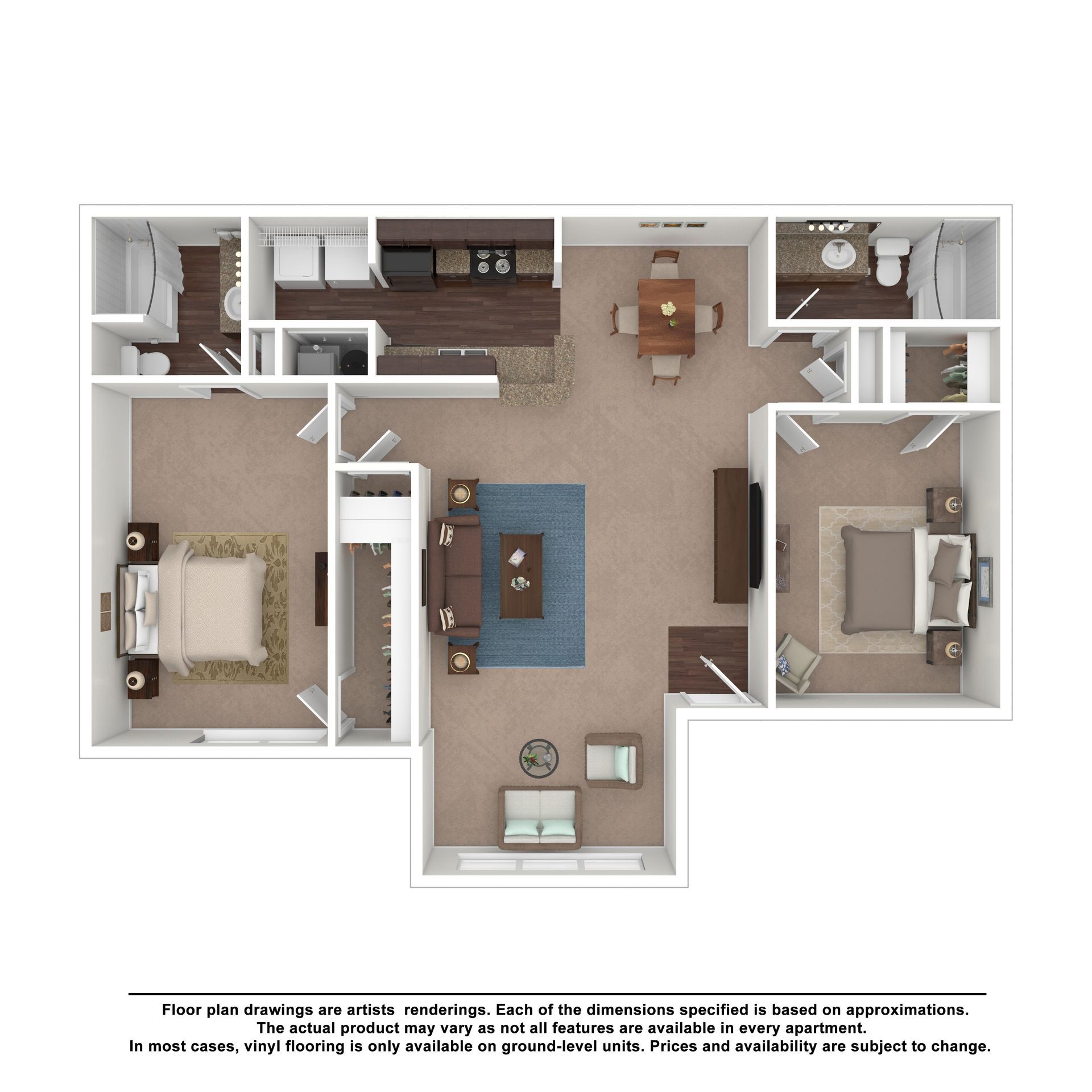 Floor plan of a two-bedroom, two-bathroom apartment featuring a central living area, kitchen, dining space, and balcony.