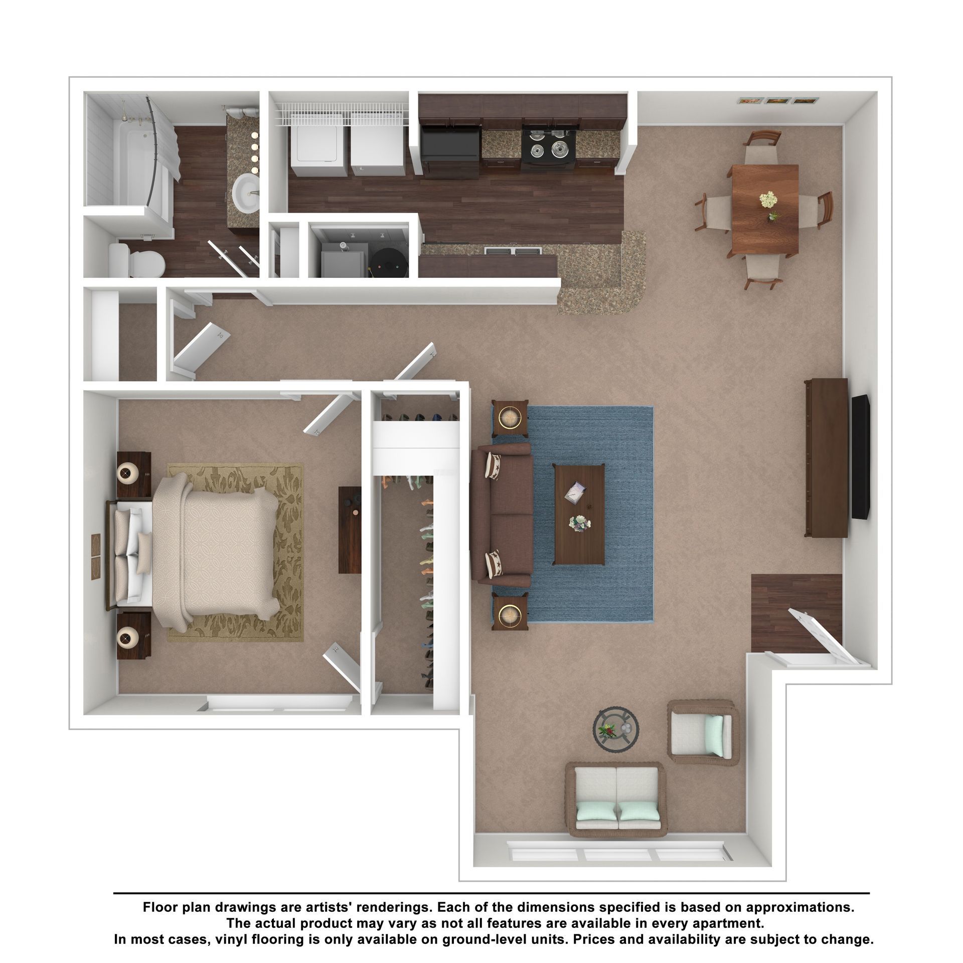Floor plan of a two-bedroom, two-bathroom apartment featuring a central living area, kitchen, dining space, and balcony.