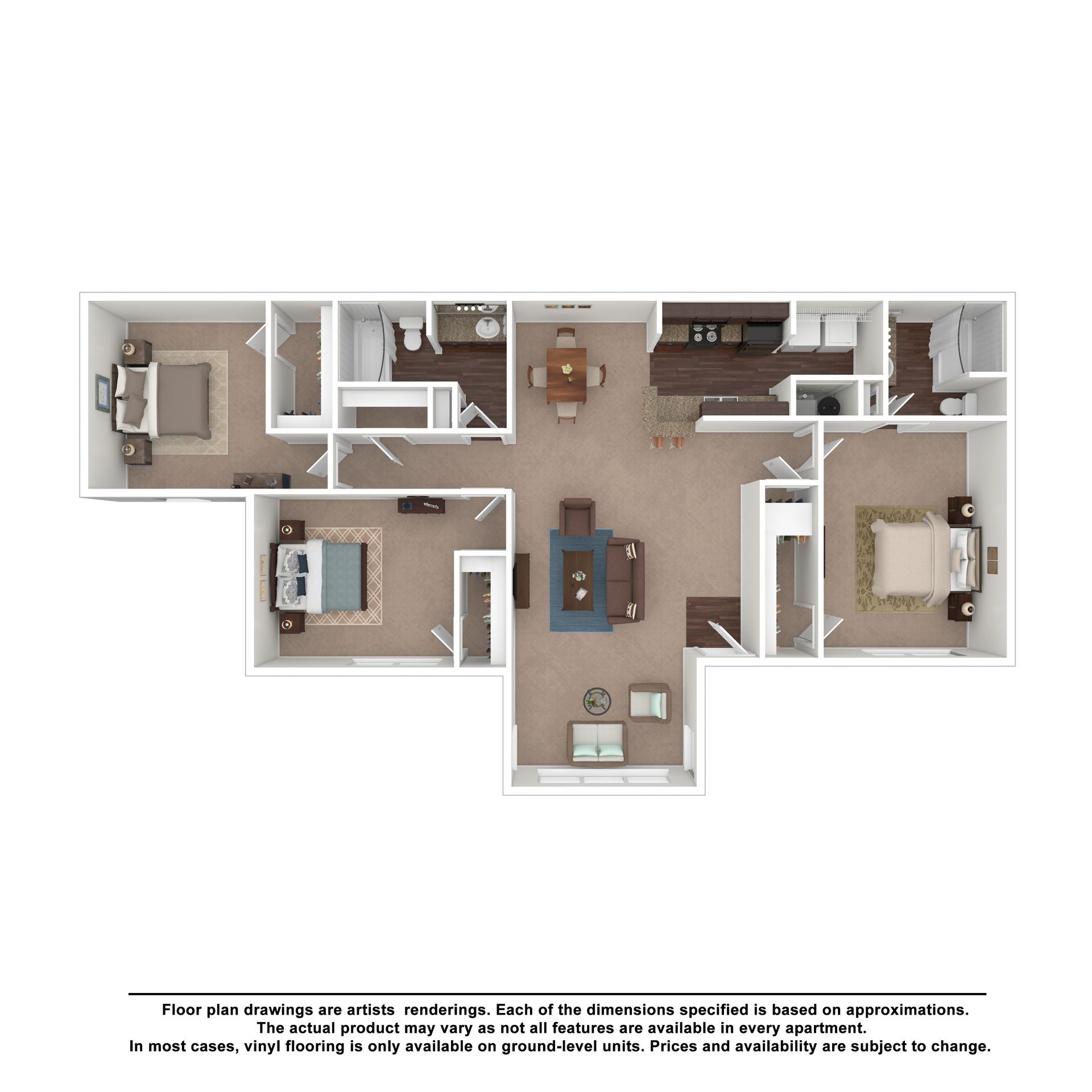 A 2D floor plan for a three-bedroom apartment showing a central living area, kitchen, dining space, and two bathrooms.