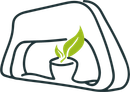 Abstract black outline with green leaves sprouting from a small pot inside a rounded shape