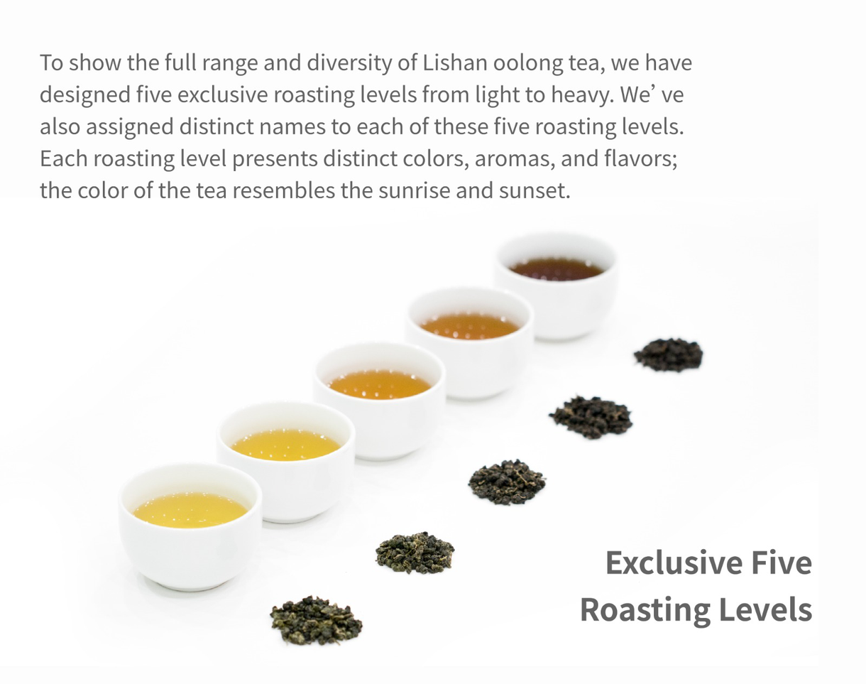 Five white tea bowls from pale to dark, showing exclusive five roasting levels with tea leaf piles.