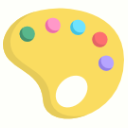 A yellow artist's palette with a thumb hole and six colorful paint dollops in green, pink, blue, red, and purple.