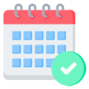 A white calendar with a red header and a green checkmark icon in the bottom right corner.