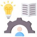 A lightbulb, an open book, and a person positioned below a large gear, representing innovation and professional growth.