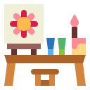 A stylized illustration of an art studio with a canvas on an easel, two paint tubes, and a brush on a wooden table.