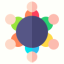 A central dark circle surrounded by six smaller, colorful circles, representing a group gathered around a round table.
