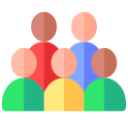 A flat icon of five abstract, colorful human figures arranged in two rows, representing a team or group.