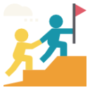 A yellow figure helps a blue figure climb a step toward a red flag on a yellow platform.