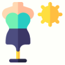 A mannequin torso wearing a green top and dark blue bottoms next to a yellow sun icon.