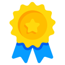 A yellow award badge with a central star and two blue ribbons hanging down.