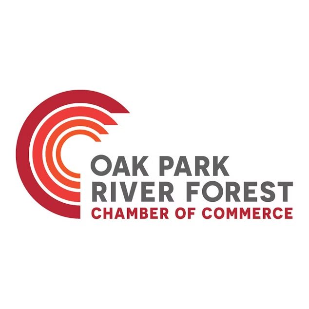 Logo for the Oak Park River Forest Chamber of Commerce featuring an abstract red and orange circular icon.