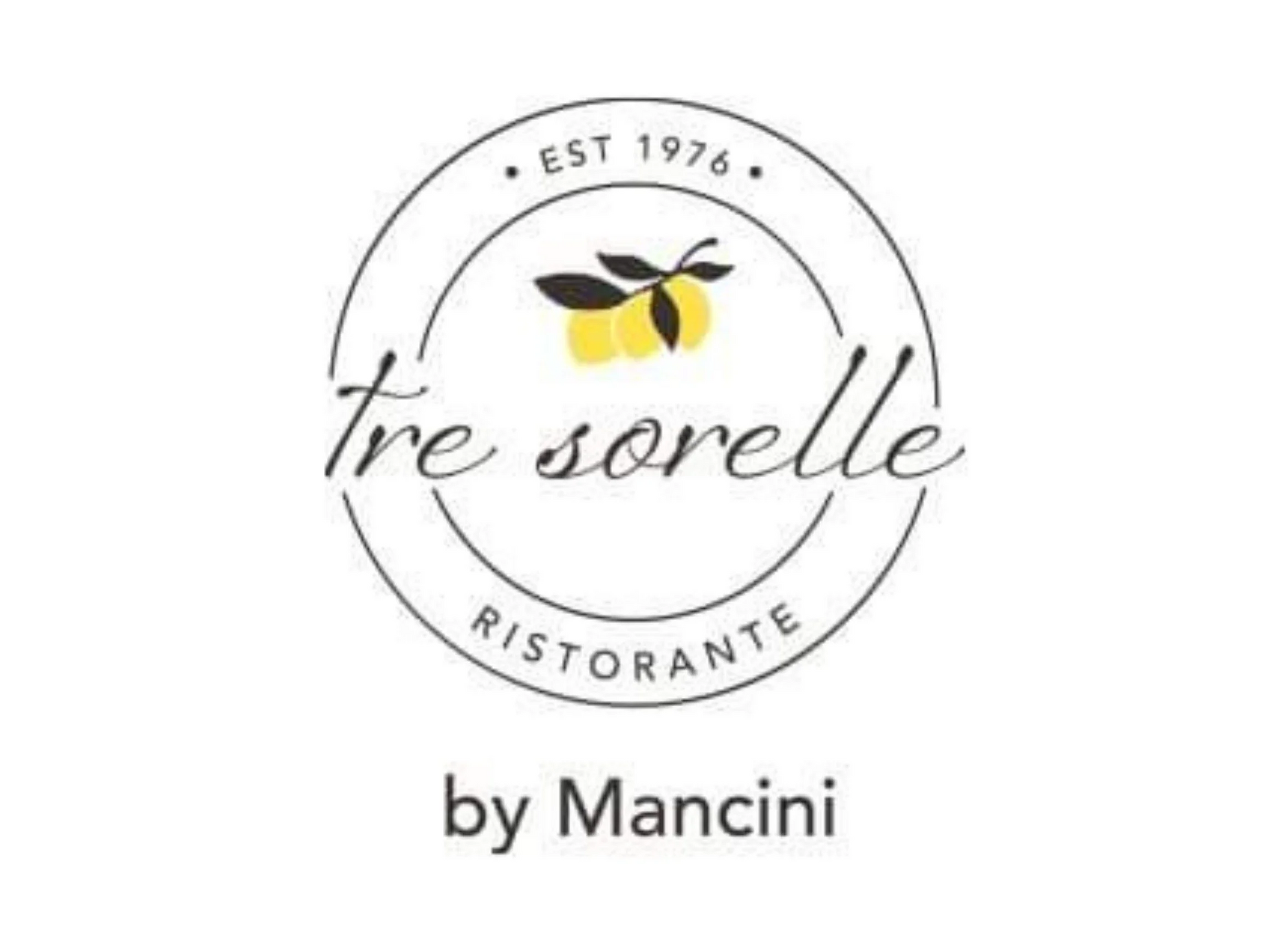 Logo for Tre Sorelle Ristorante by Mancini featuring a circle, text, and an illustration of three yellow lemons.