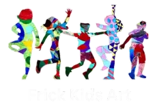 Five stylized figures in colorful, mosaic-patterned clothes dance in a row against a plain white background.