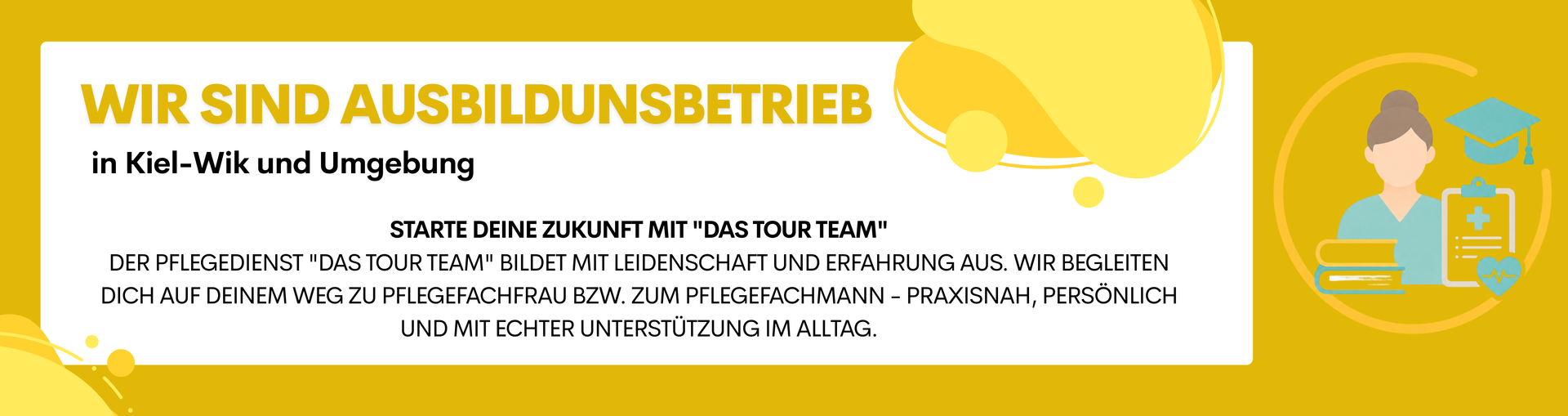 Gelbes Banner mit der Aufschrift „Wir sind Ausbildungsbetrieb“ und Illustration von Personen am Arbeitsplatz.