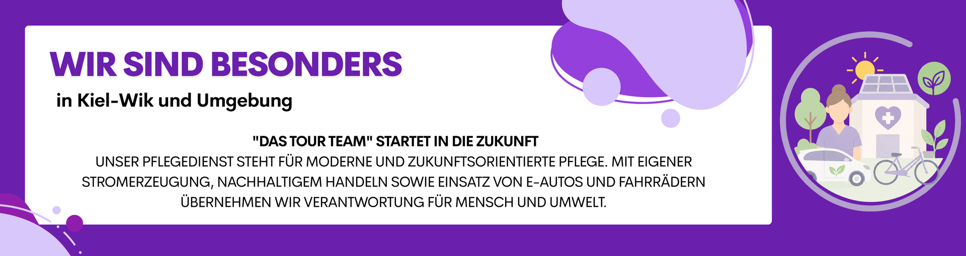 Lila Banner mit deutschem Text „Wir sind besonders“ und einer kleinen illustrierten Kreisgrafik auf der rechten Seite.