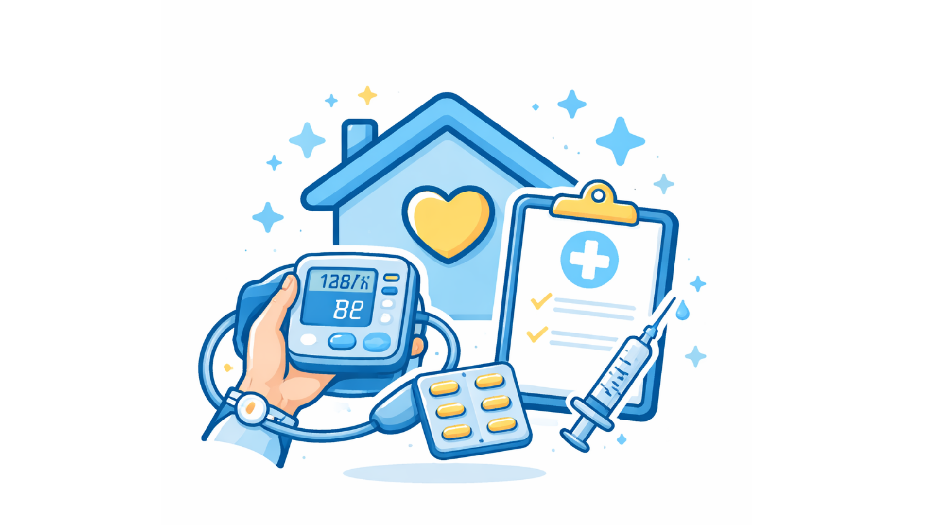 Illustration zum Thema Gesundheitswesen mit Haus, Herz, Medikamenten, Blutdruckmessgerät, Spritze und Pillenpackung