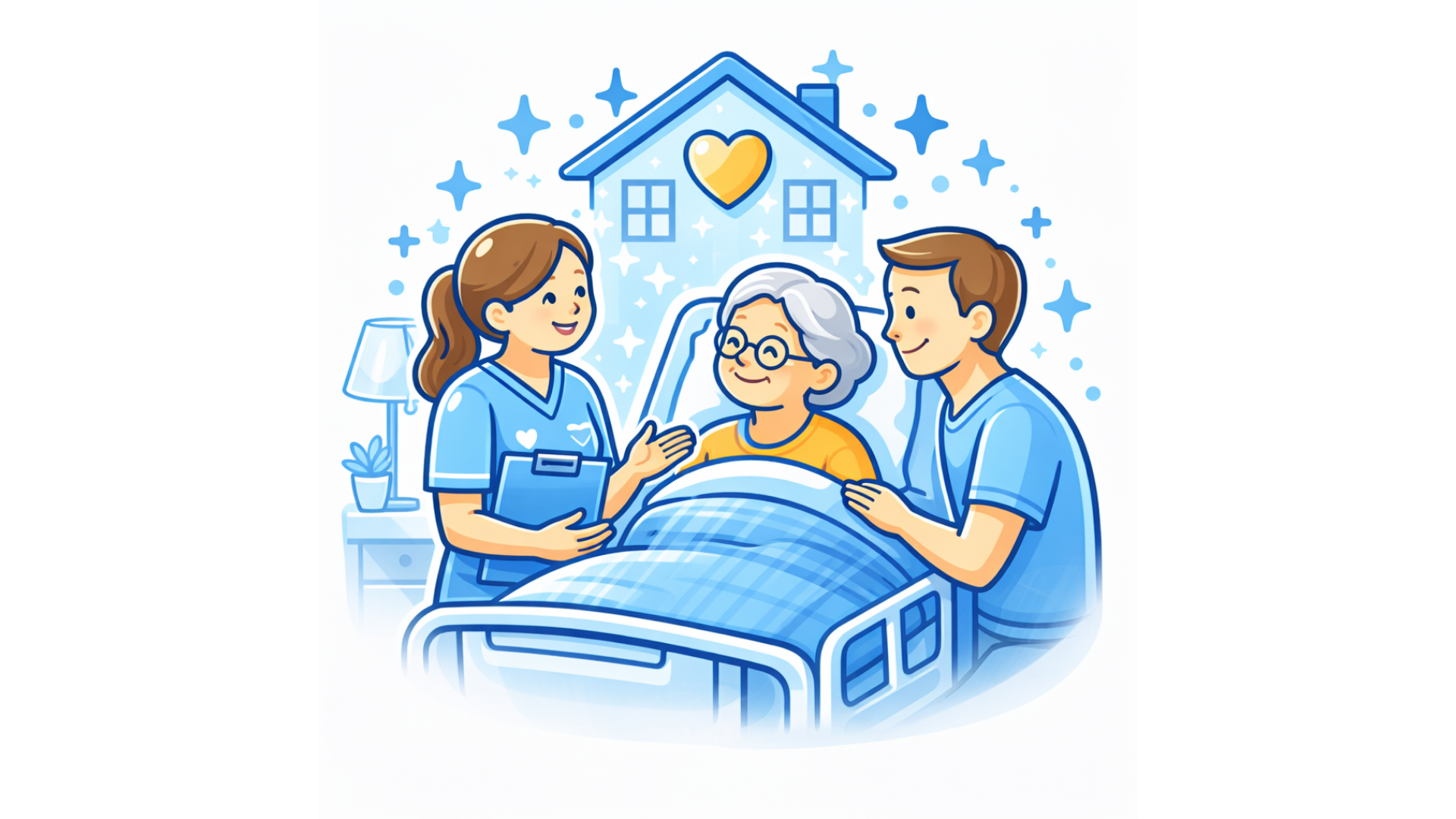 Krankenschwester und Angehörige kümmern sich um einen Patienten in einem Krankenhausbett.
