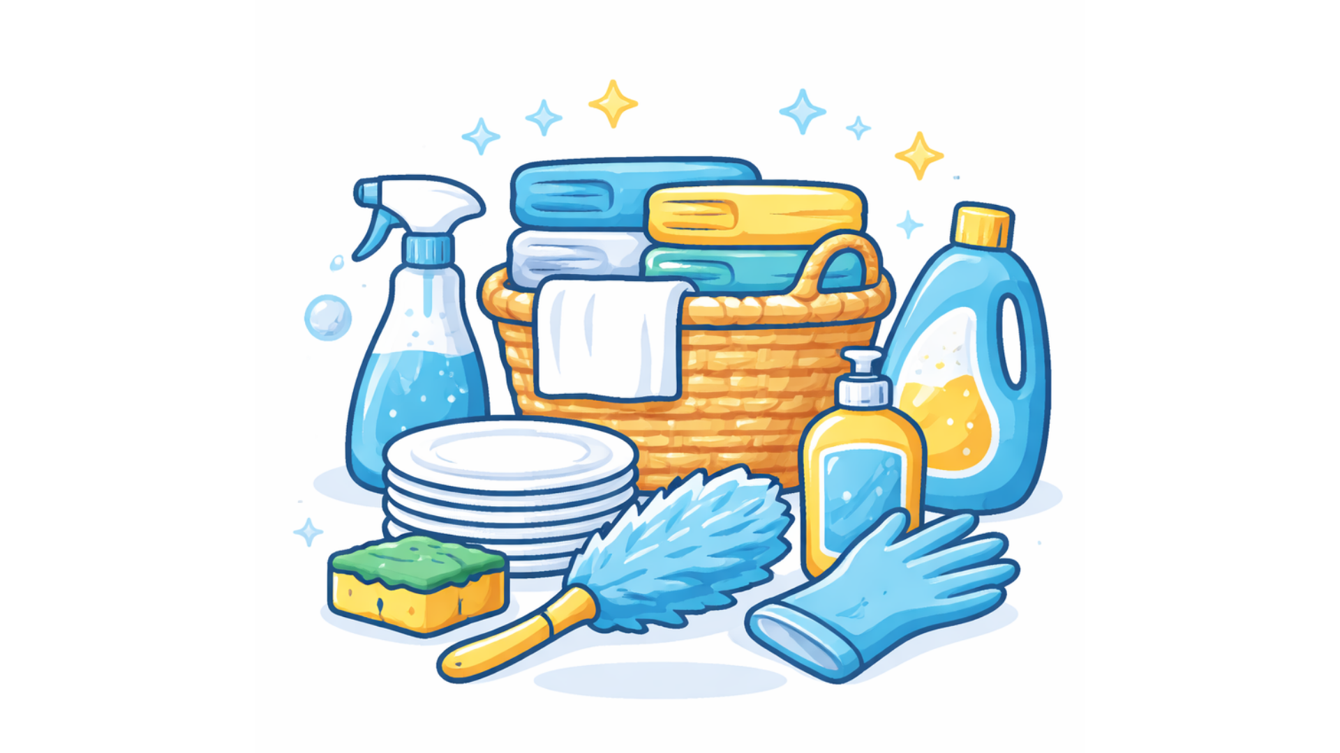 Reinigungsmittel in Blau und Gelb: Sprühflasche, Seife, Spülmittel, Schwämme, Bürste, Handschuhe und Handtücher in einem Korb