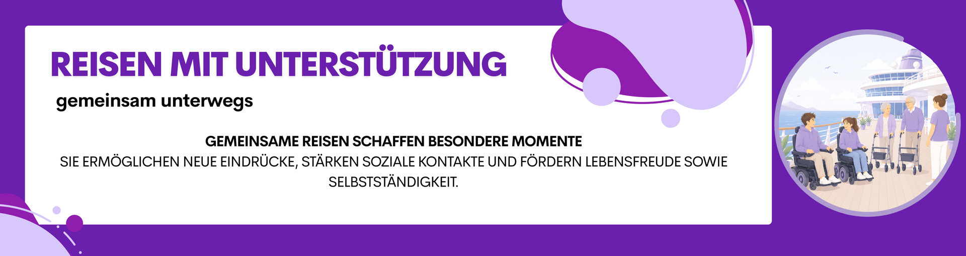 Lila deutsches Banner für Reisehilfe, mit einem kleinen Foto von Menschen, die sich treffen, rechts davon.