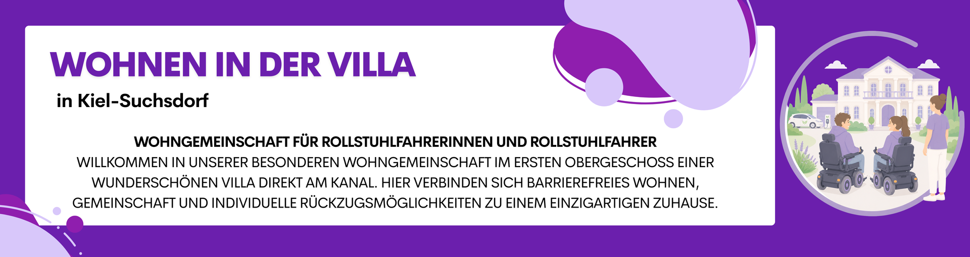 Lila-weißer Flyer mit dem Titel „WOHNEN IN DER VILLA“ mit einer kleinen Villenillustration und Logo.