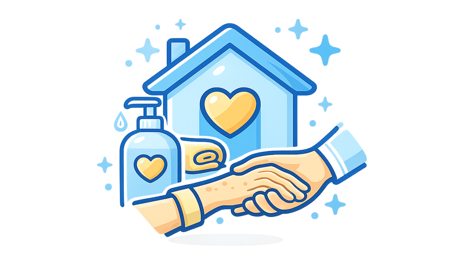 Handschlag über einem Haus mit Herzsymbolen und einer Desinfektionsmittelflasche in Blau- und Goldtönen